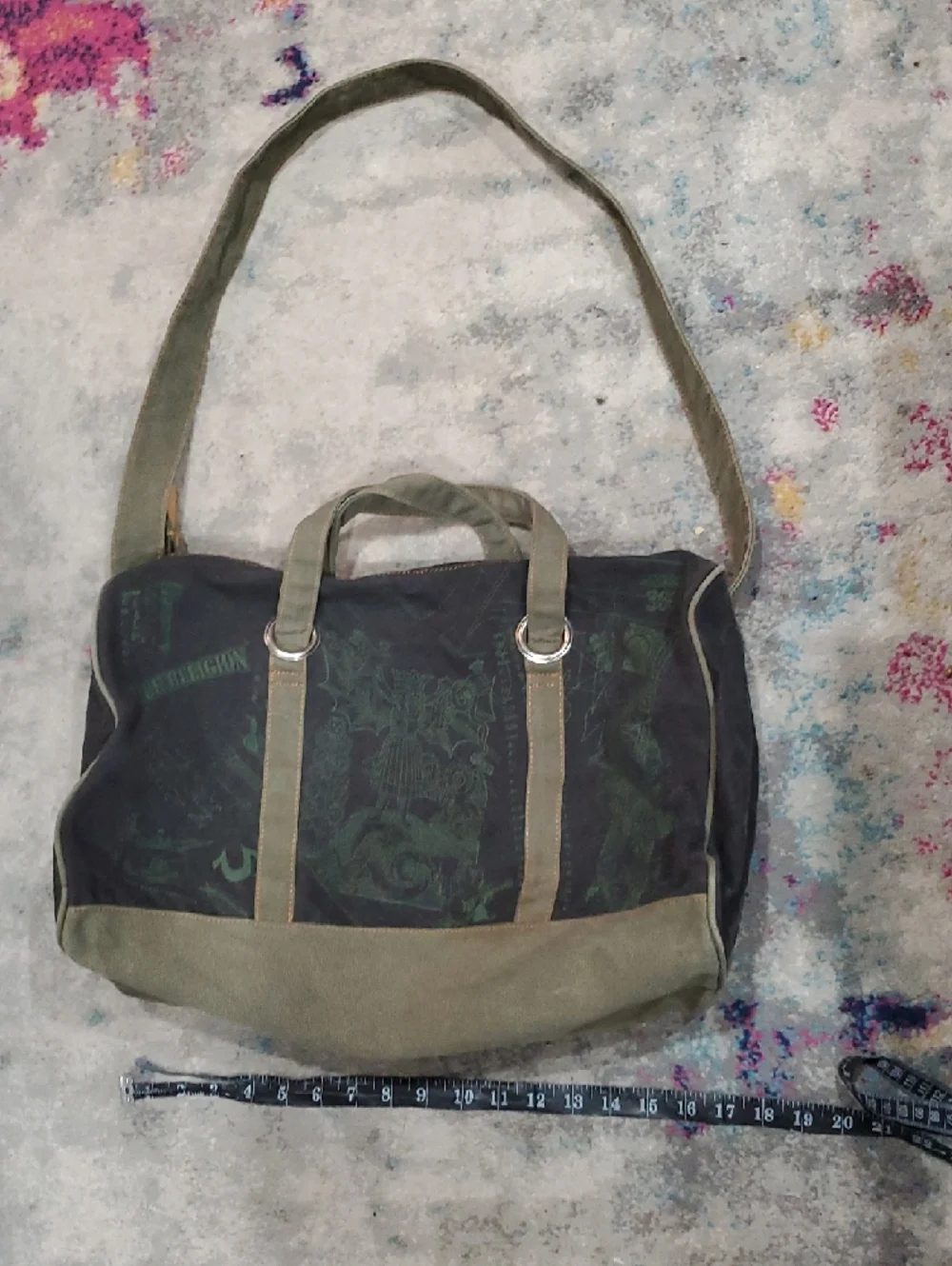 True Religion Canvas Duffel Bag in Black and Olive Trim